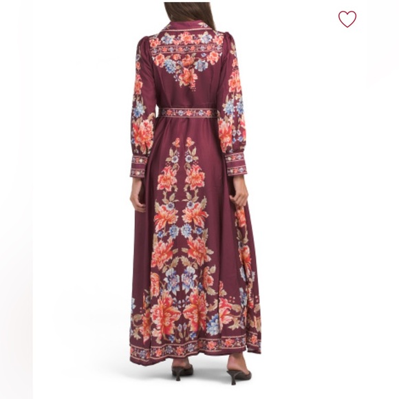 NWT$250 Dalia MacPhee Long Sleeve Maxi Belted Burgundy Floral Shirt Dress LARGE - Picture 6 of 12